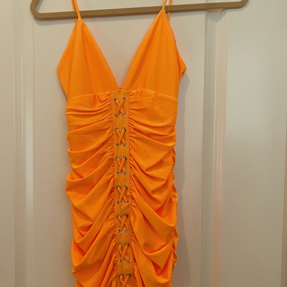 XS Orange Ruched Tiger Mist Dress